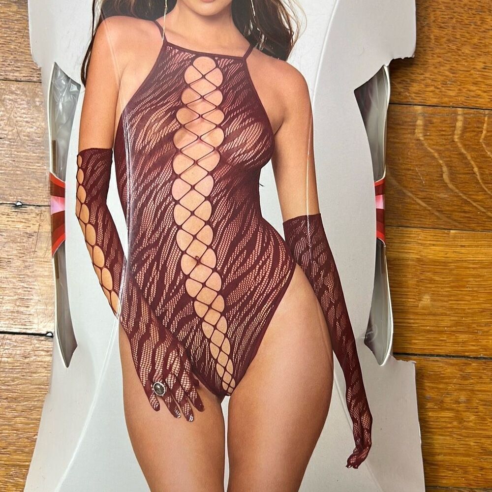 Dreamgirl Seamless Zebra Fishnet Teddy And Glove Set Burgundy One Size New